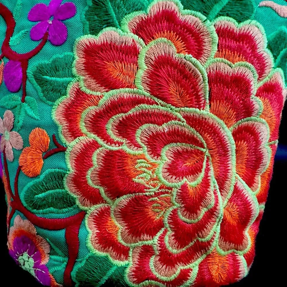 Thai Hmong Embroidered Cosmetic Bag Peony Floral Makeup Pouch 8” Boho Travel